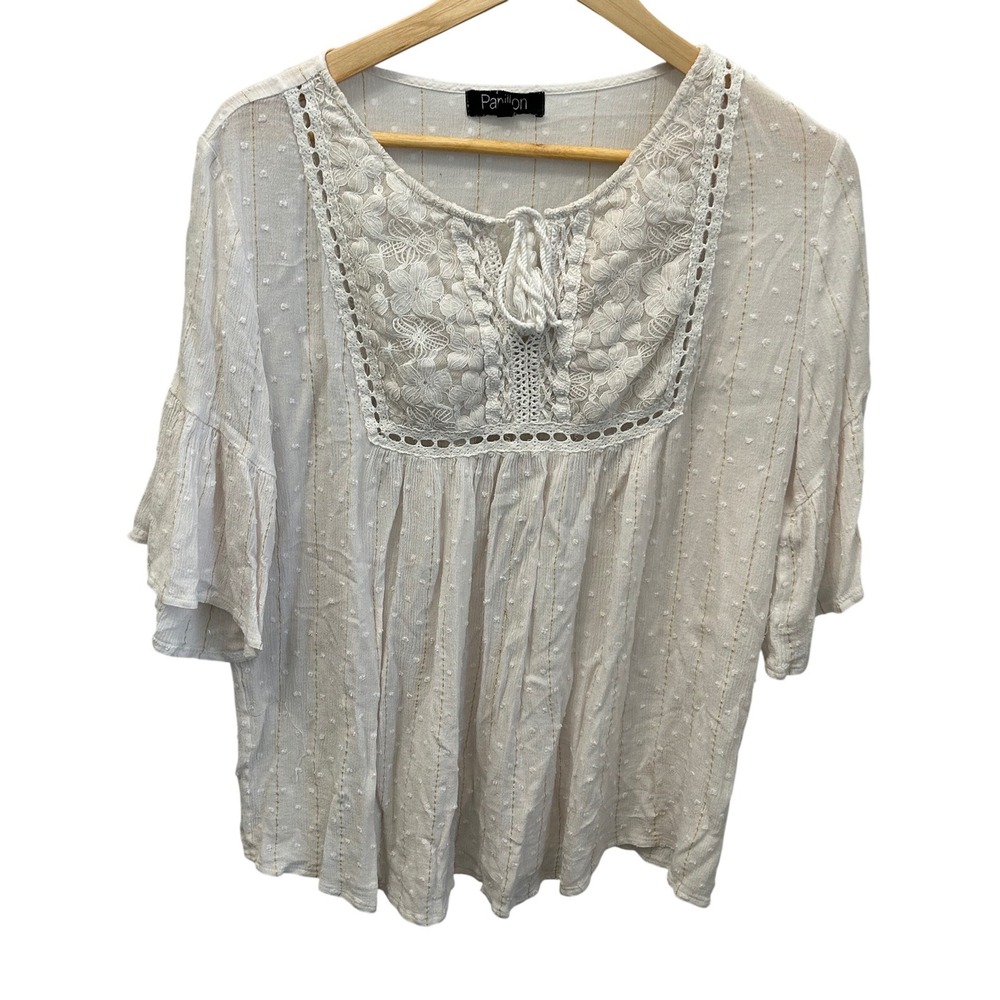 Papillon White Embroidered Eyelet Tie Neck Bell Sleeve Boho Blouse Top Medium